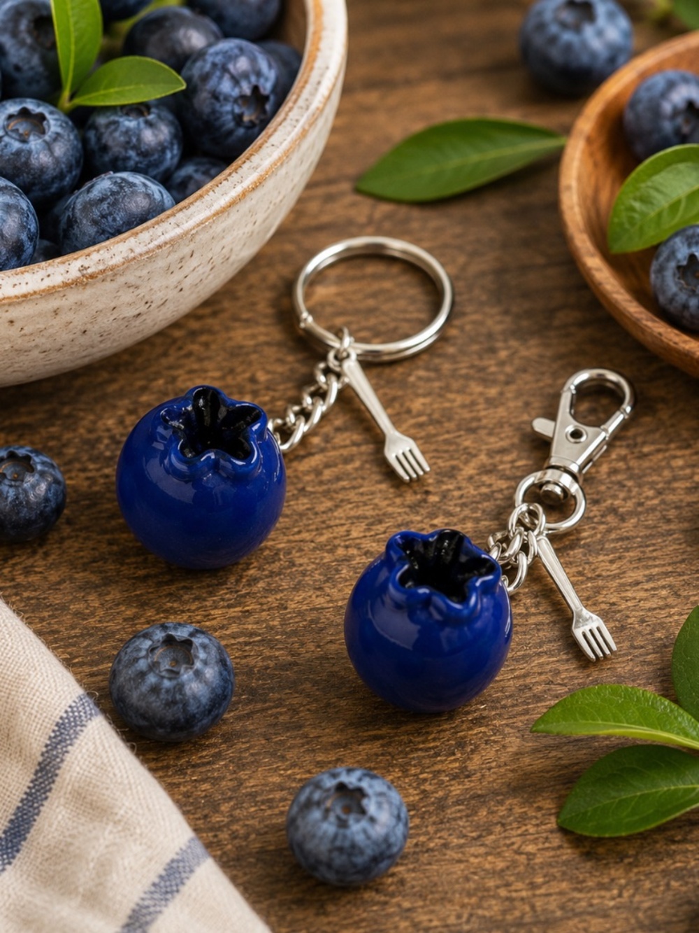 Blueberry Keychain or Bag Clip | Handmade Fruit Accessory with Fork Charm